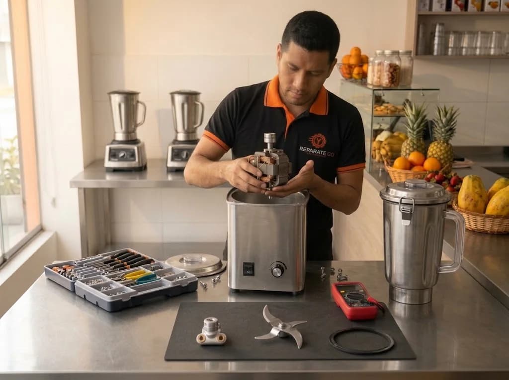 Técnico reparando una licuadora industrial en la cocina de una juguería