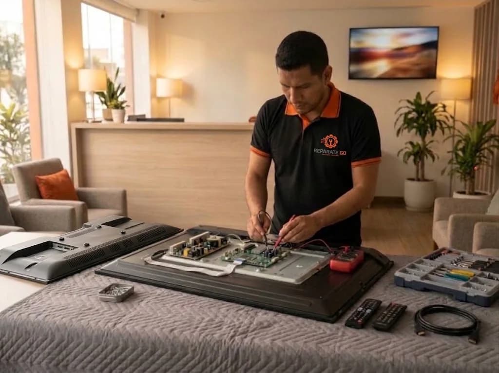 Técnico revisando un televisor en la recepción de un hotel